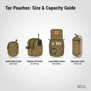 A size and capacity comparison chart showing different versions of tac pouches from small to large.