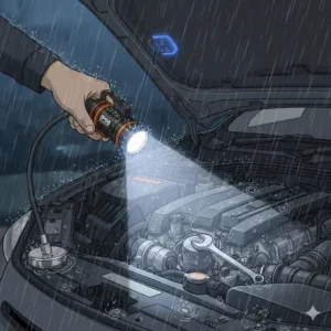 A durable automotive flashlight with an IP68 waterproof rating being used in heavy rain.