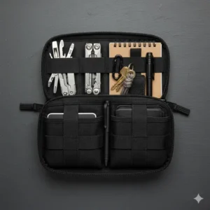 A black tactical admin pouch laid out with EDC essentials including a multi-tool, flashlight, and notebook.