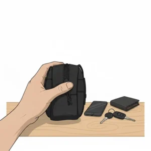 A person holding a small molle admin pouch to demonstrate its compact everyday carry size.