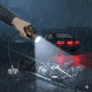 An illustration showing an automotive flashlight with a red SOS strobe mode placed behind a stalled vehicle.