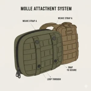 Diagram illustrating how to secure a small admin pouch to a modular vest using the back straps.
