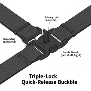 Close-up illustration of a secure triple-lock quick-release buckle on a law enforcement patrol belt.