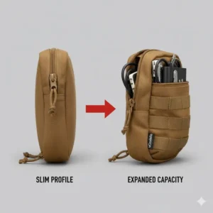 Comparison of a slim admin pouch profile versus an expanded utility version to show storage capacity.