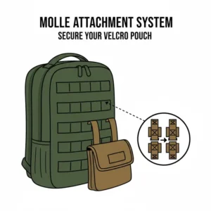 Diagram showing the MOLLE attachment system on the back of a tactical velcro pouch.