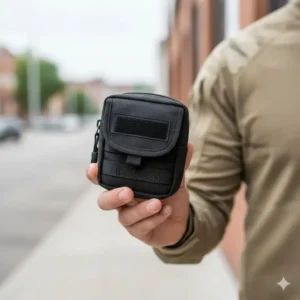 A person holding a compact molle admin pouch to demonstrate its portable size and slim profile.