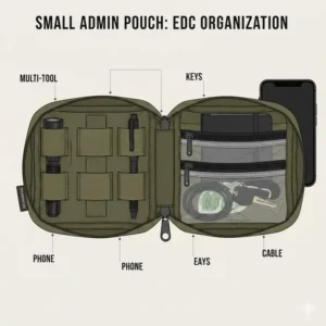 A small admin pouch organized with everyday carry essentials like a multi-tool, pen, and flashlight.