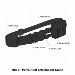 Illustration demonstrating how to attach modular pouches to a Molle-compatible patrol belt.