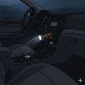 A rechargeable LED automotive flashlight plugged into a vehicle’s 12V cigarette lighter port.