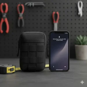 A compact molle tool pouch shown next to a smartphone for size comparison.