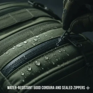 Close-up of water-resistant 500D Cordura fabric and sealed zippers on a durable admin pouch.