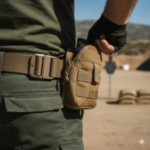 A tan molle tool pouch securely mounted to a tactical belt for easy access.