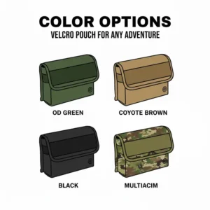 Illustration displaying various color options and camouflage patterns for the velcro pouch.