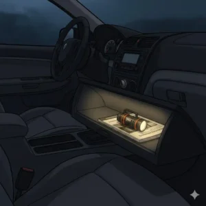 A compact automotive flashlight stored neatly inside a car's glove compartment next to a manual.