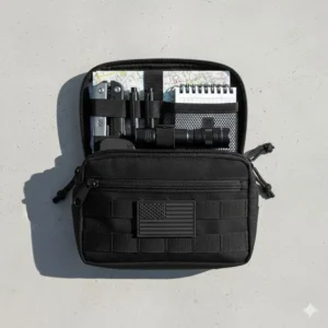 A molle admin pouch organized with essential everyday carry items like a multi-tool and flashlight.