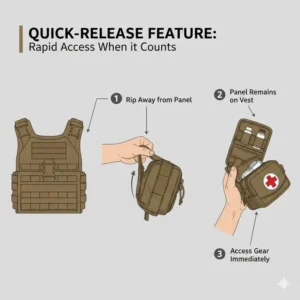 Step-by-step demonstration of the quick-release rip-away function on medical tac pouches.