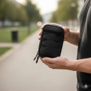 A person holding a compact tactical admin pouch to demonstrate its slim profile and handheld size reference.