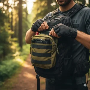 An olive drab molle tool pouch attached to the PALS webbing of a tactical backpack.