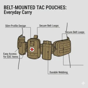 Illustration of slim-profile tac pouches mounted on a tactical belt for everyday carry.