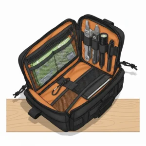 The 90-degree clamshell opening feature of a small molle admin pouch showing easy access to contents.