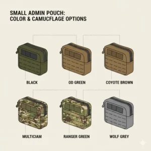 A display of a small admin pouch available in black, olive drab, and multicam patterns.