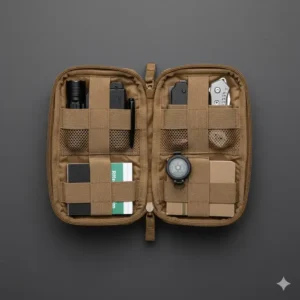 Everyday carry items and survival gear organized inside a velcro admin pouch.
