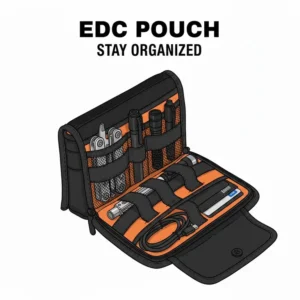 EDC lifestyle illustration showing everyday carry items organized inside a velcro pouch.