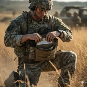 A soldier in the field accessing a tactical admin pouch mounted on a chest rig during a training exercise.