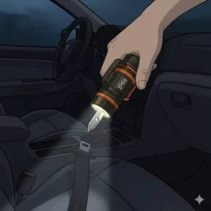 An illustration of a multi-functional automotive flashlight featuring a built-in seatbelt cutter and glass breaker tip.