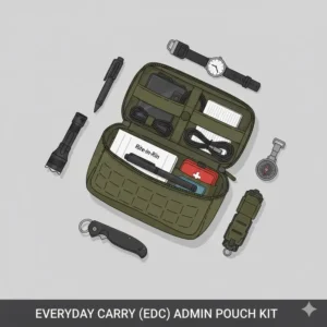 Everyday carry EDC admin pouch kit including a flashlight, tactical pen, and small notebook.