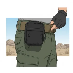 A small molle admin pouch securely mounted on a utility belt for quick-access tactical use.