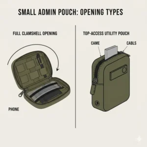 Comparison between a 180-degree clamshell opening and a standard zipper on a small admin pouch.