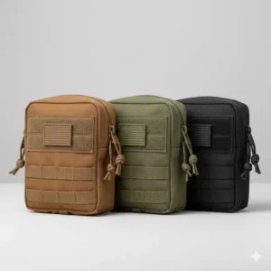 A lineup of tactical admin pouch models in different colors including Coyote Brown, Olive Drab, and Stealth Black.