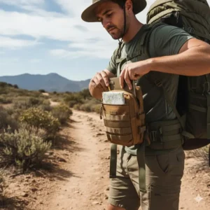 A hiker accessing a coyote brown molle admin pouch attached to their backpack waist belt.