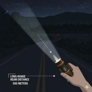A diagram showing the long-range beam distance of a high-powered automotive flashlight in a dark rural setting.