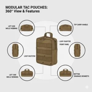 A comprehensive 360-degree view showcasing the external features and modularity of tac pouches.