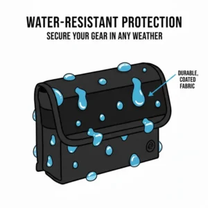 Water-resistant protection illustration showing water droplets on the surface of a velcro pouch.