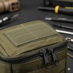 Detailed view of the dual zippers and hook-and-loop closure on a molle tool pouch.