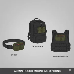 Illustration showing an admin pouch mounted on a tactical belt and backpack chest strap.