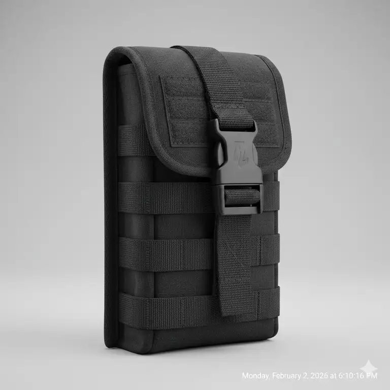A durable black tactical phone pouch with MOLLE webbing and a secure buckle closure shown against a neutral background.