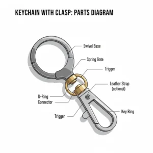 A detailed parts diagram of a keychain with clasp showing the swivel base and trigger mechanism.
