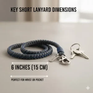 A size chart showing the 6-inch length and dimensions of this key short lanyard.