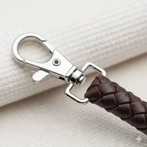 Macro view of the heavy-duty metal swivel clasp on a brown leather keychain short lanyard.