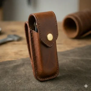 A hand carefully inserting a pocket knife into a durable folding knife sheath.