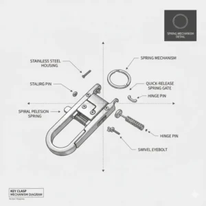 Detailed technical diagram showing the internal spring mechanism of a key clasp.