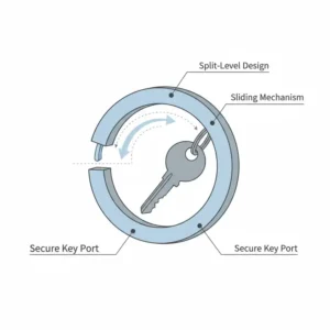 Technical illustration showing the split-level opening mechanism of a durable steel ring key ring.