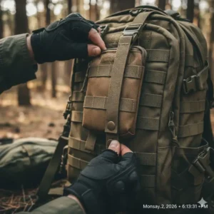 Close-up of a tactical phone pouch being attached to a military-style backpack using MOLLE straps.