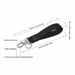 A detailed technical diagram showing the length and width specifications of a standard key ring lanyard.