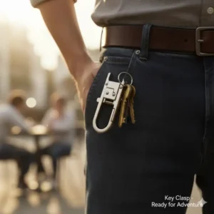 A silver metal key clasp securely fastened to a person's denim belt loop.