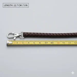 A measurement guide showing the 5-inch length of the keychain short lanyard next to a tape measure.